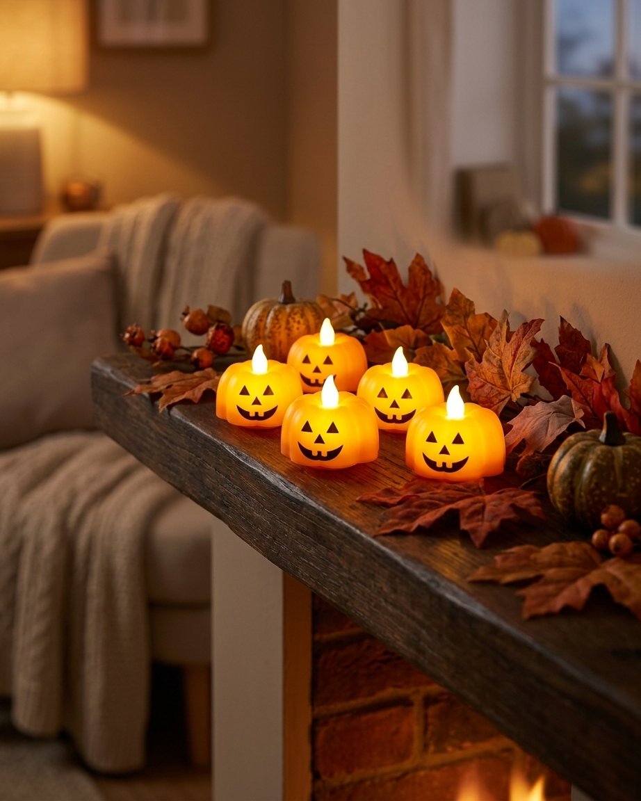 LED Pumpkin Tea Light Candles with Jack-o'-Lantern Design, Set of 12