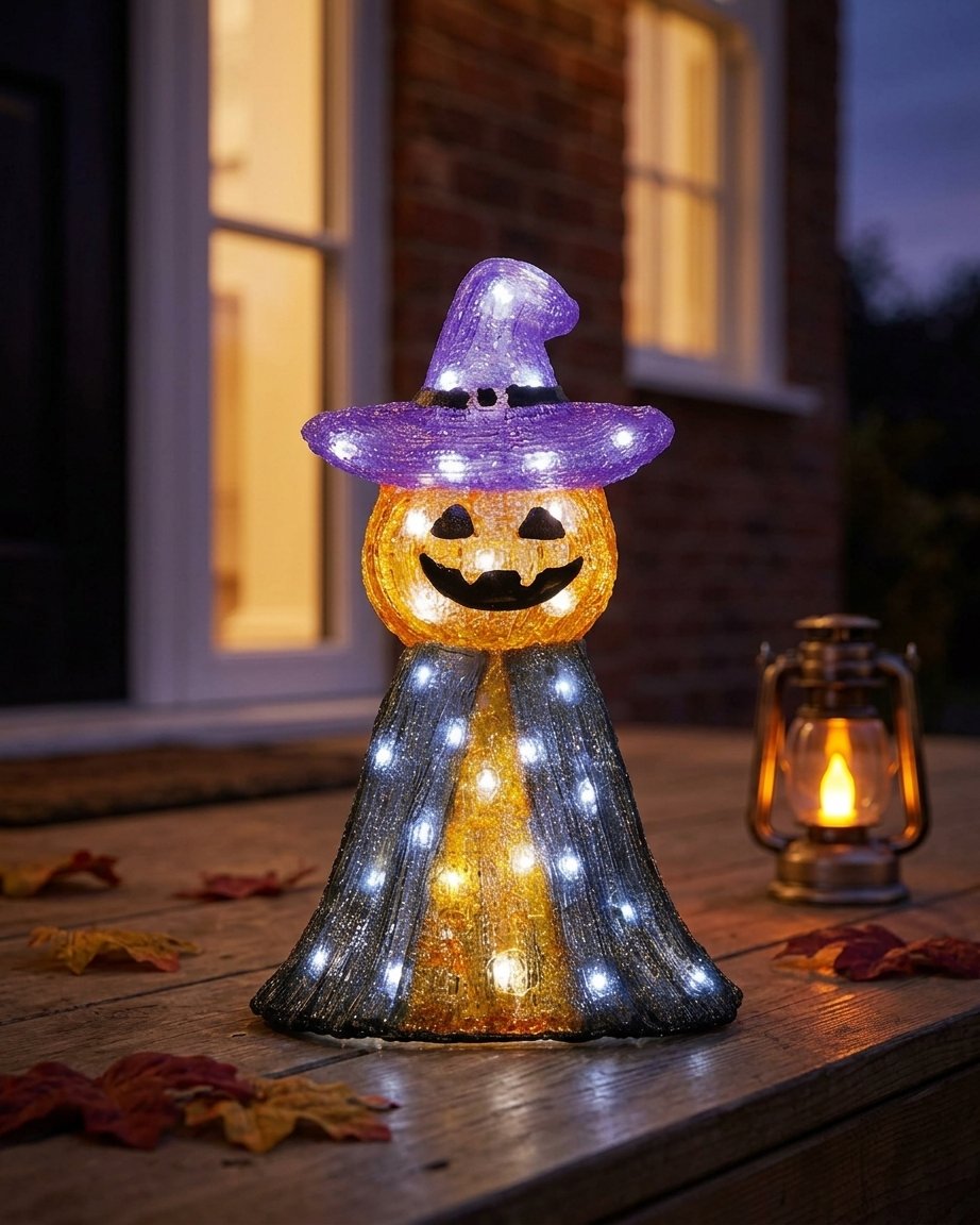 LED Pumpkin Witch Halloween Decoration with 50 White LEDs and Timer – Indoor and Outdoor