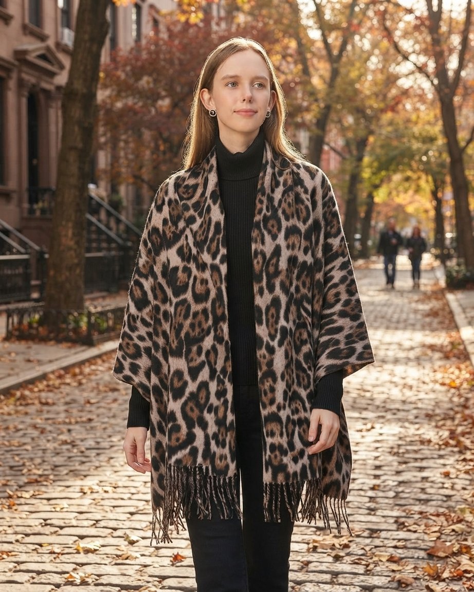 Leopard Print Oversized Shawl Wrap with Tassels
