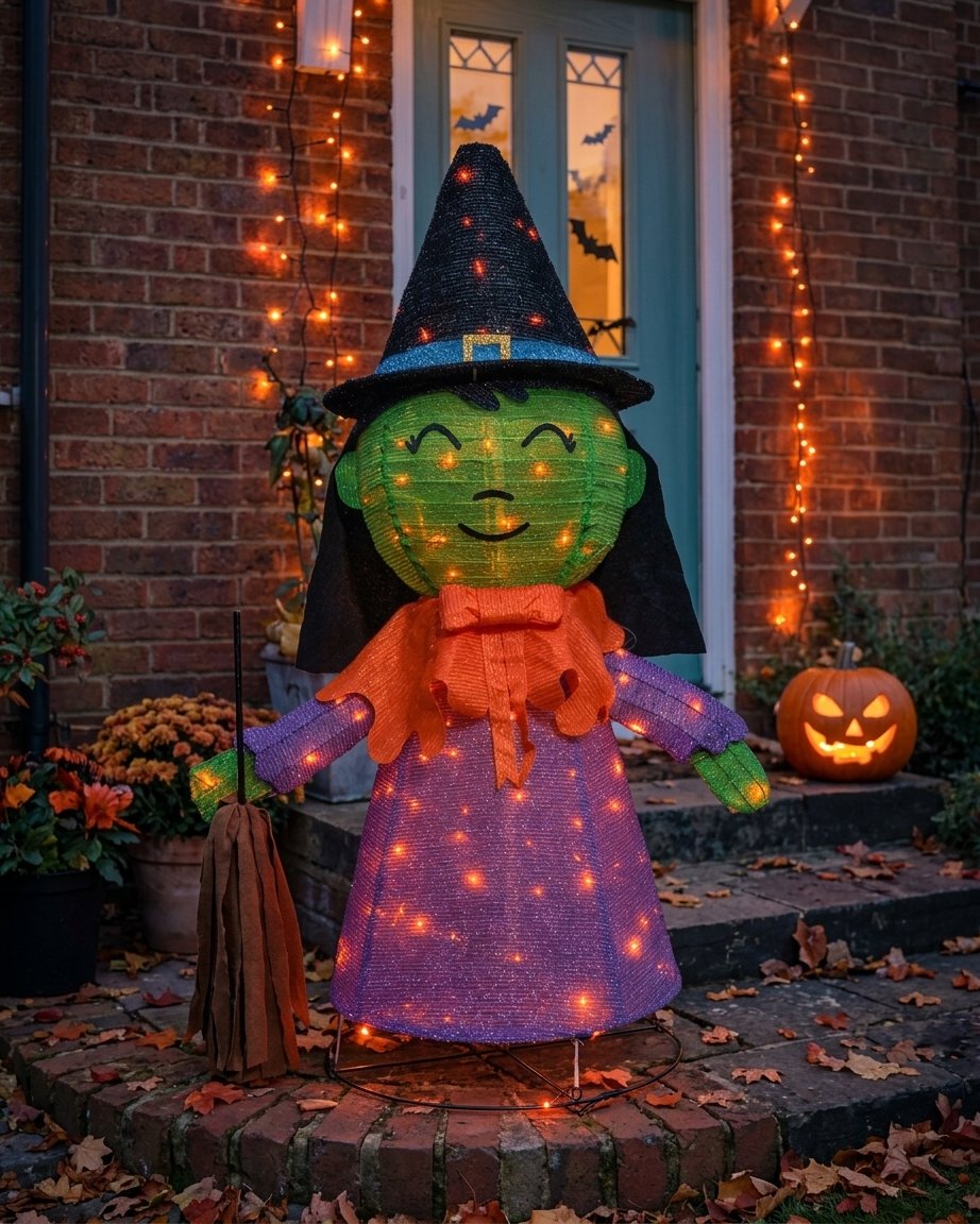 Light-Up Foldable Witch Halloween Garden Decoration with 100 Orange LEDs and Flashing Bulbs