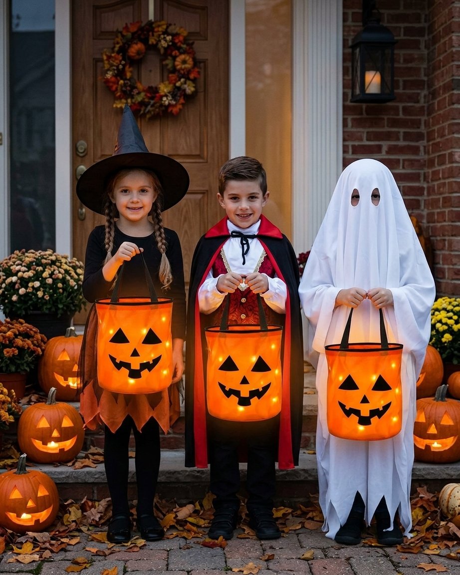Light-Up LED Jack-O'-Lantern Halloween Trick-or-Treat Candy Bucket – Reusable Pumpkin Pail with Fairy Lights