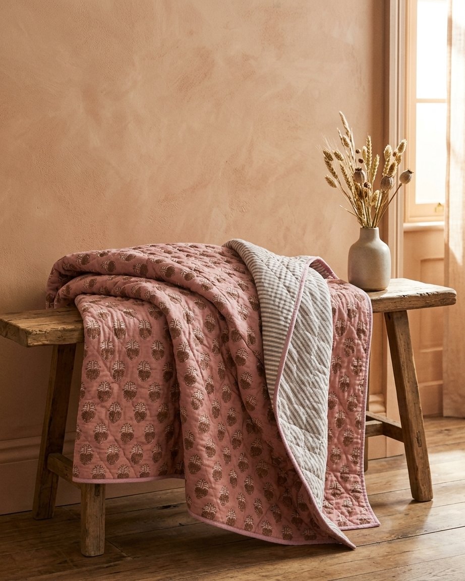 Lulu Kantha Cotton Bedspread, Block Print, Reversible
