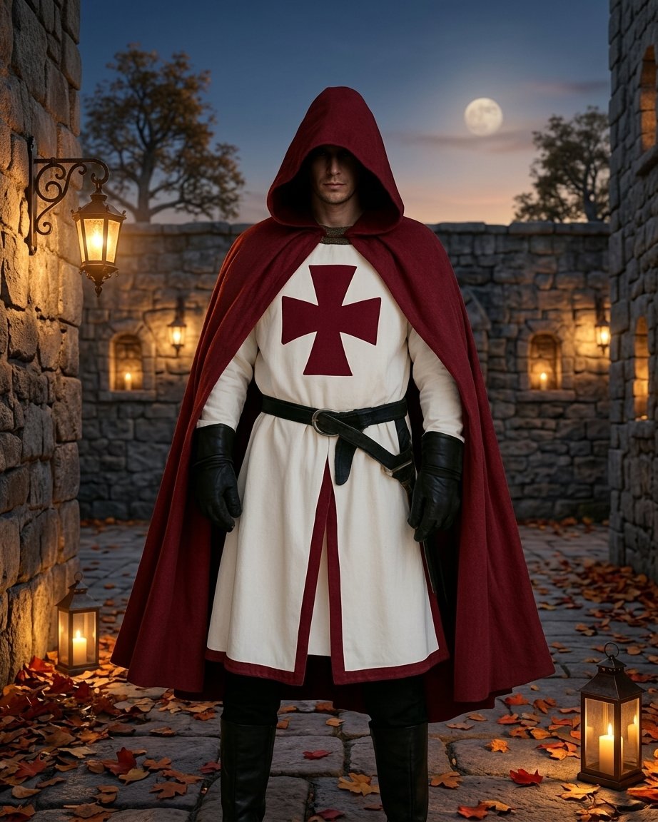 Medieval Crusader Knight Tunic Costume with Cross Pattée Design and Split Hem Panels