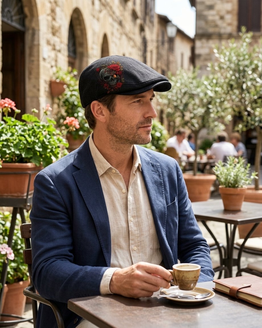 Men's flat cap with skull and rose embroidery