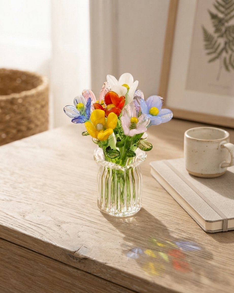 Miniature Glass Flower Set with Fluted Vase