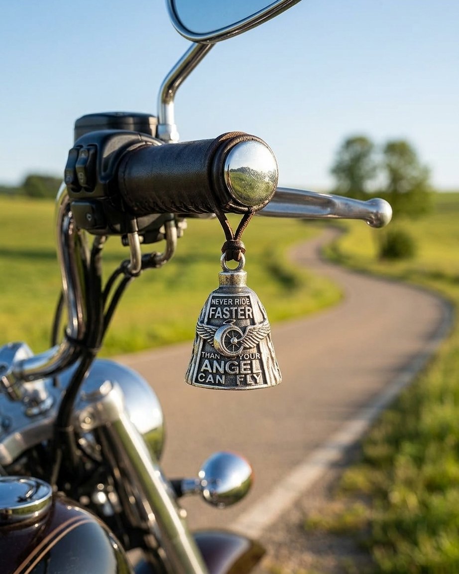 Motorcycle Guardian Bell with Winged Wheel Design – Biker Good Luck Charm with Keychain and Necklace