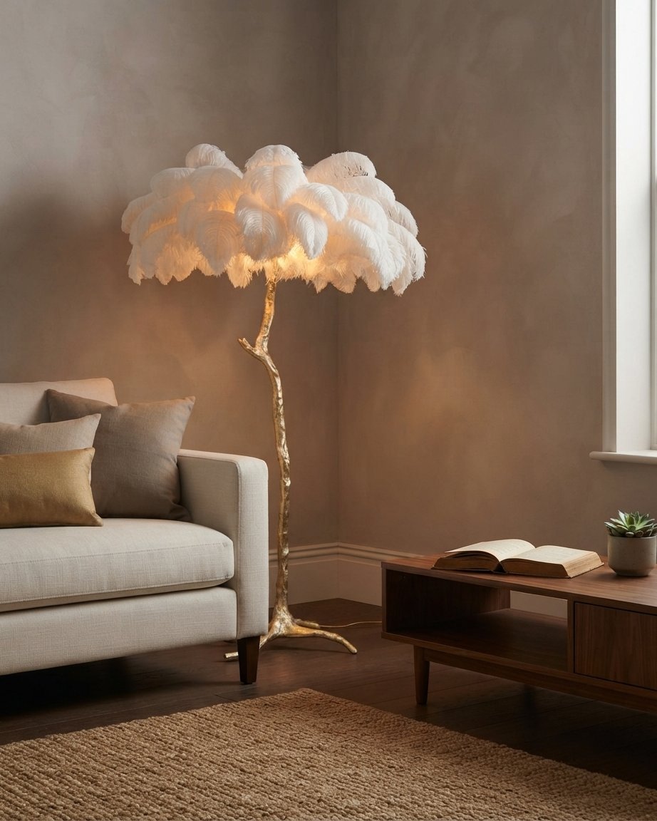 Ostrich Feather Floor Lamp with Gold Branch Base