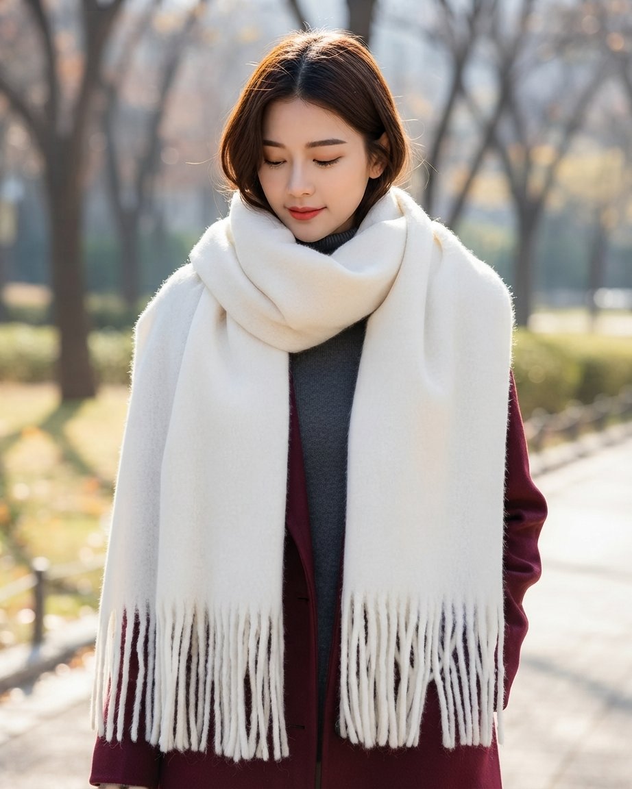 Oversized Blanket Scarf with Tassels – Soft Wool, White