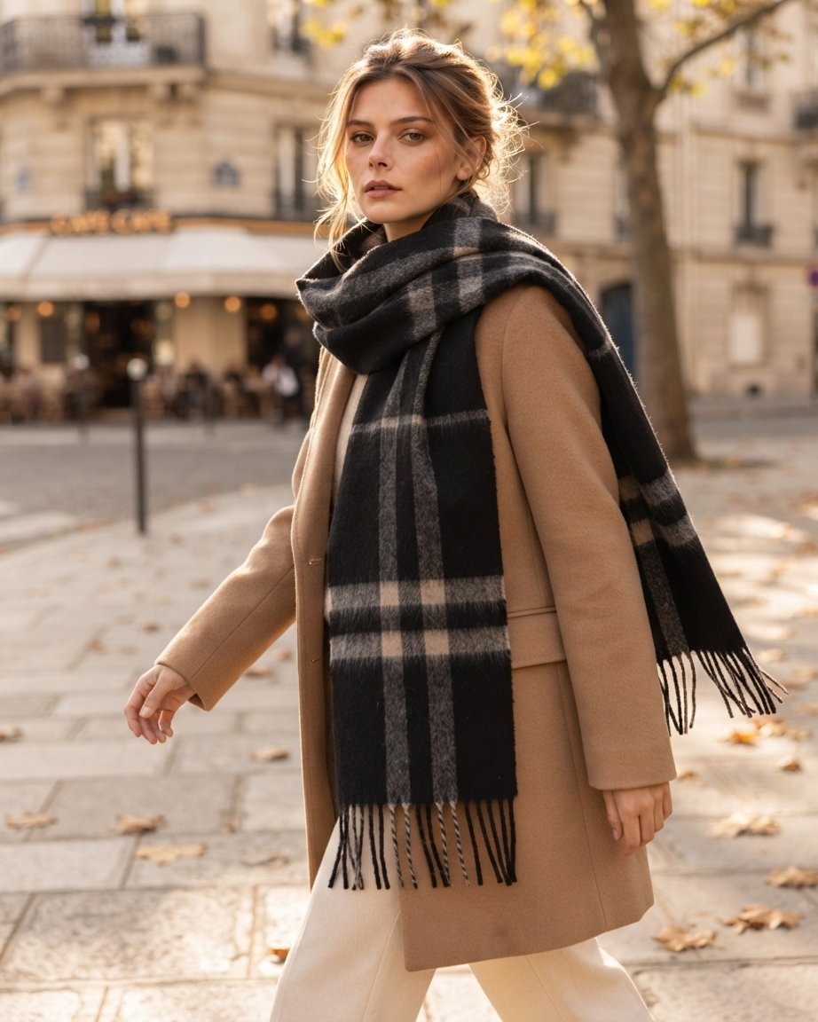 Oversized Checked Winter Scarf with Fringed Ends