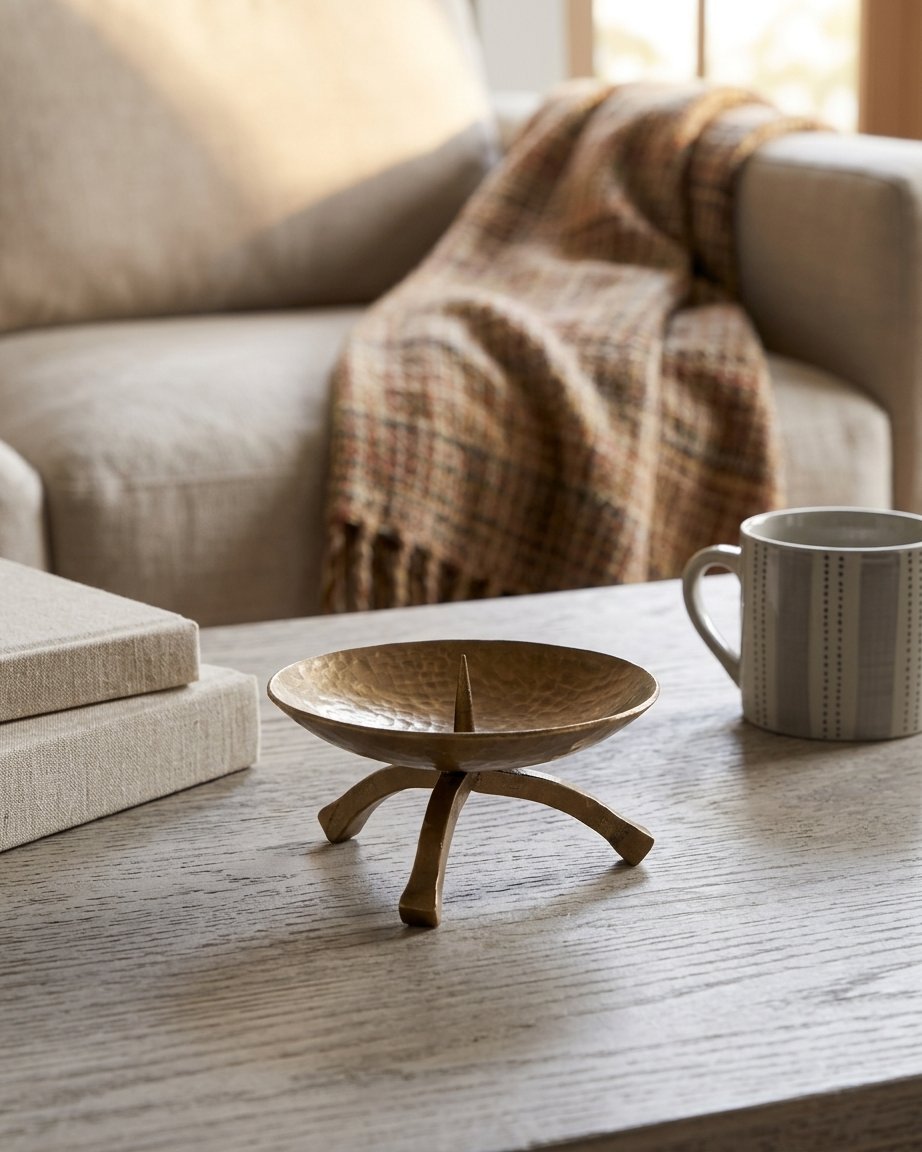 Pillar Candle Holder in Antique Brass, Tripod Base