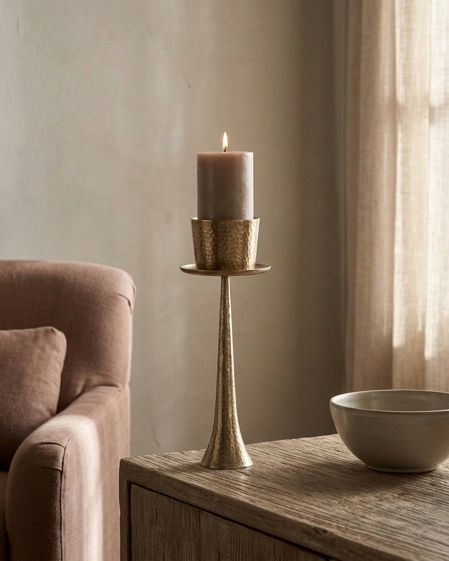 Pillar Candle Holder in Hammered Brass-Finish Iron