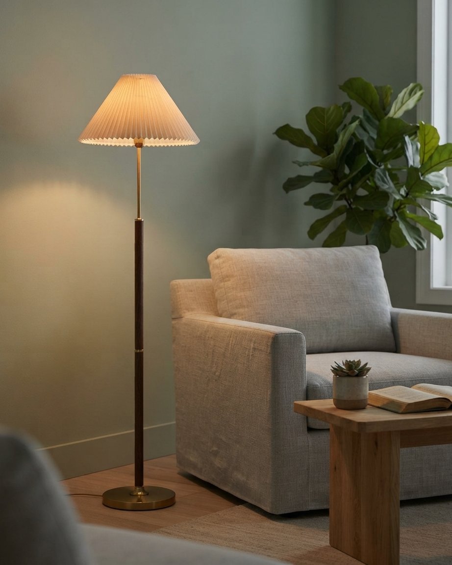 Pleated Fabric Floor Lamp with Walnut & Brass Finish