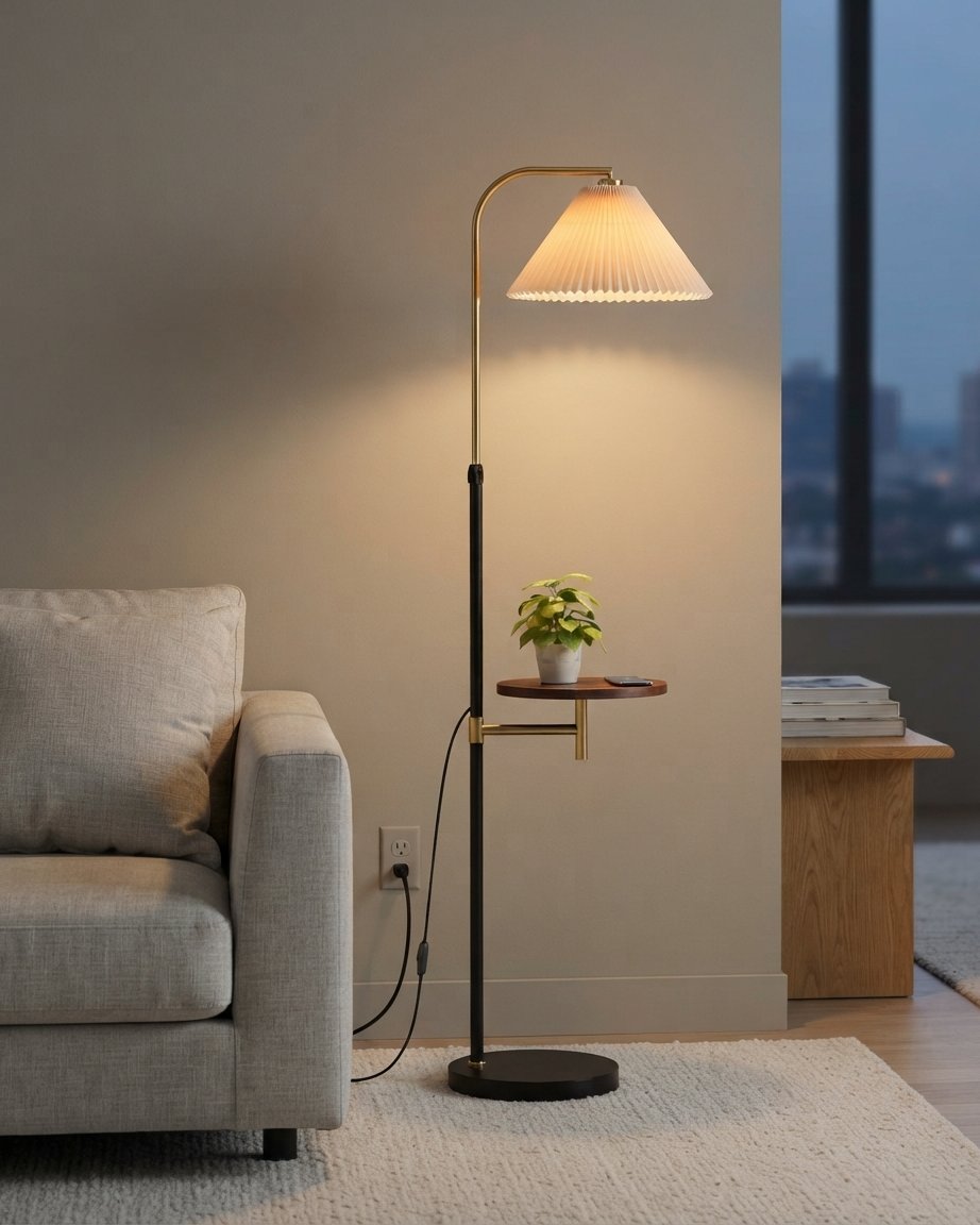 Pleated Floor Lamp with Side Shelf, Gold & Black