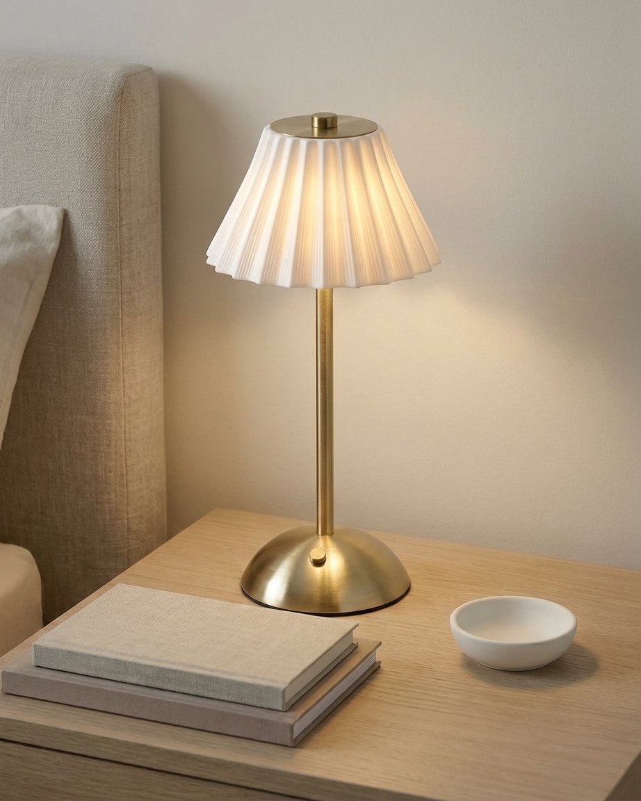 Pleated Shade Touch Table Lamp, Brass & White