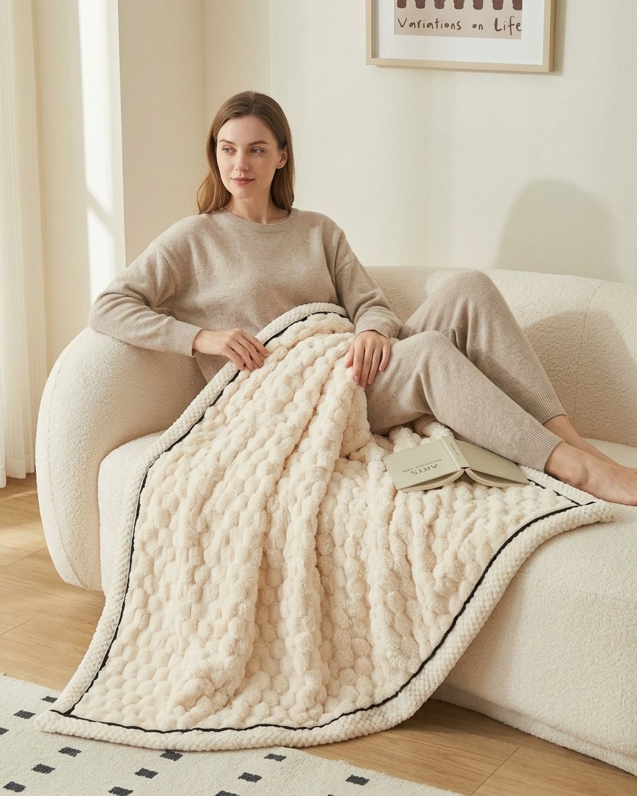 Plush Microfibre Throw Blanket, Bubble-Texture Fleece