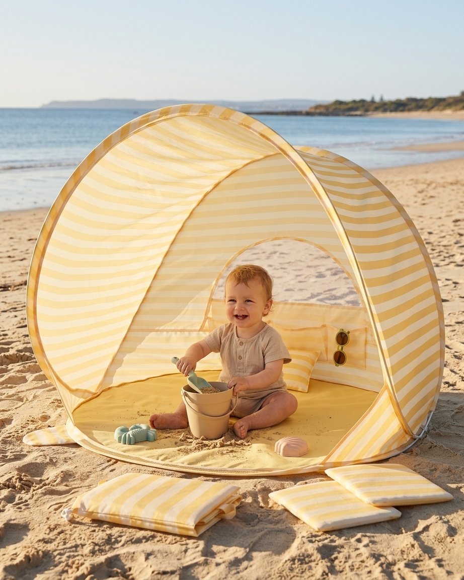 Pop-Up Beach Tent with Sand Toy Set, Pastel Yellow Stripe