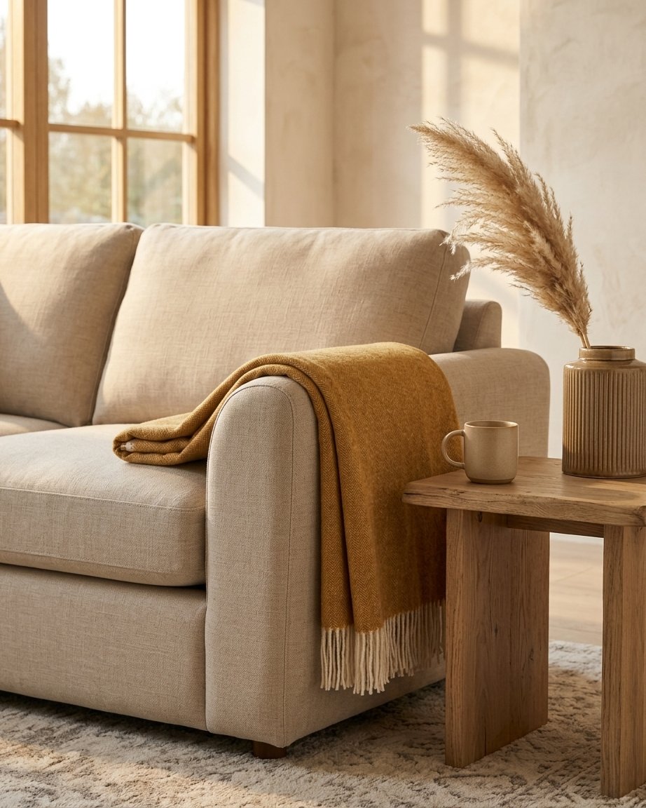 Pure Wool Herringbone Throw in Ochre with Fringe