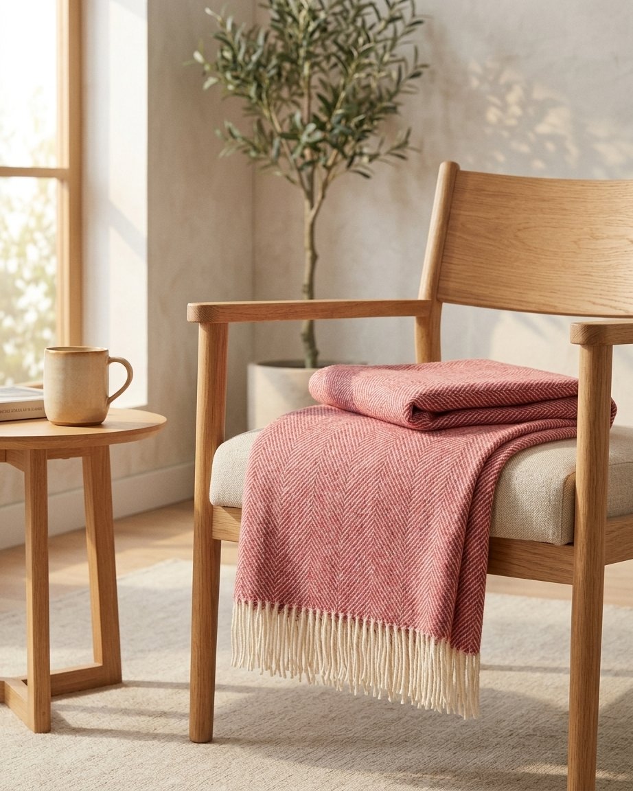 Pure Wool Herringbone Throw in Raspberry Ripple