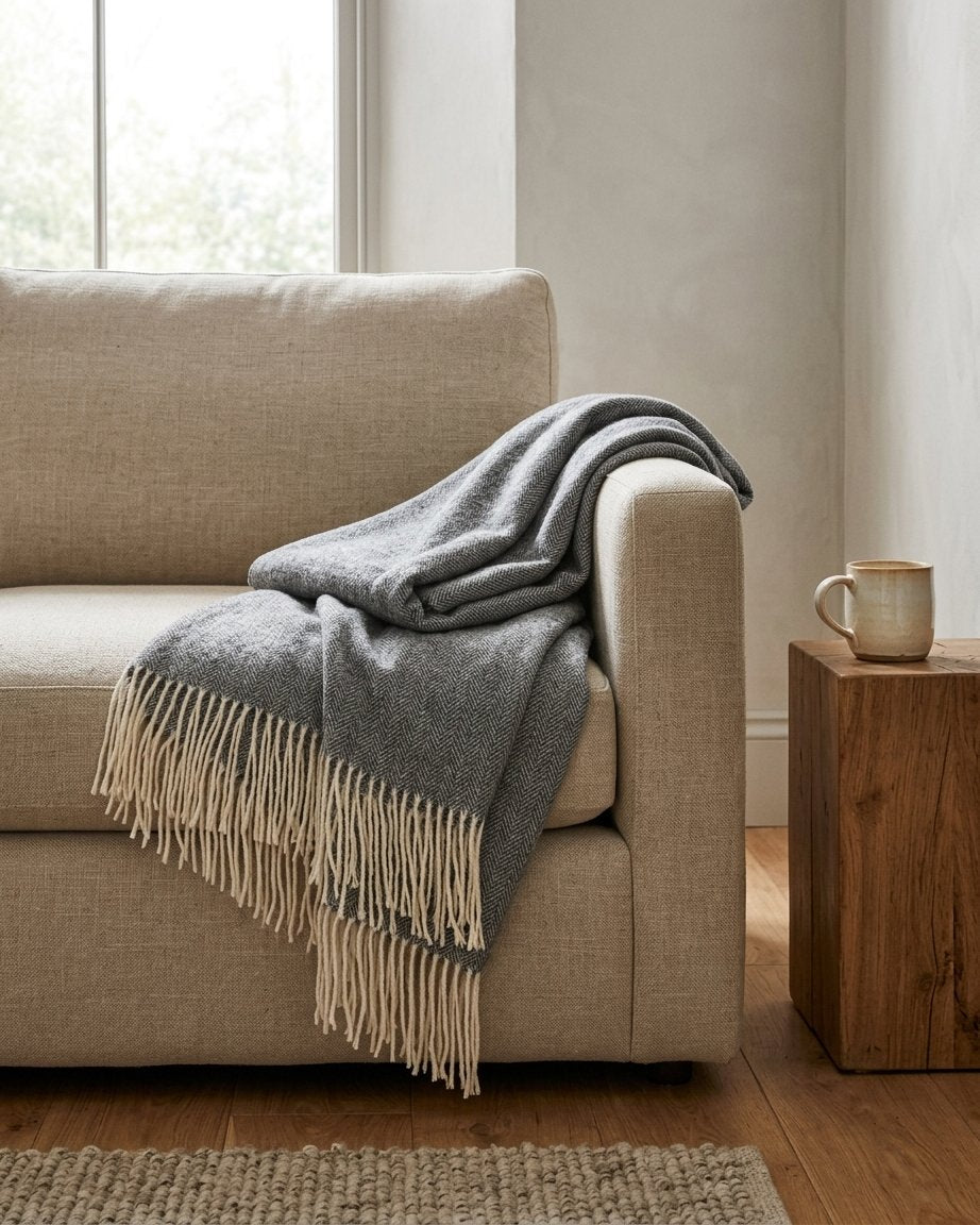 Pure Wool Herringbone Throw in Soft Grey with Fringe