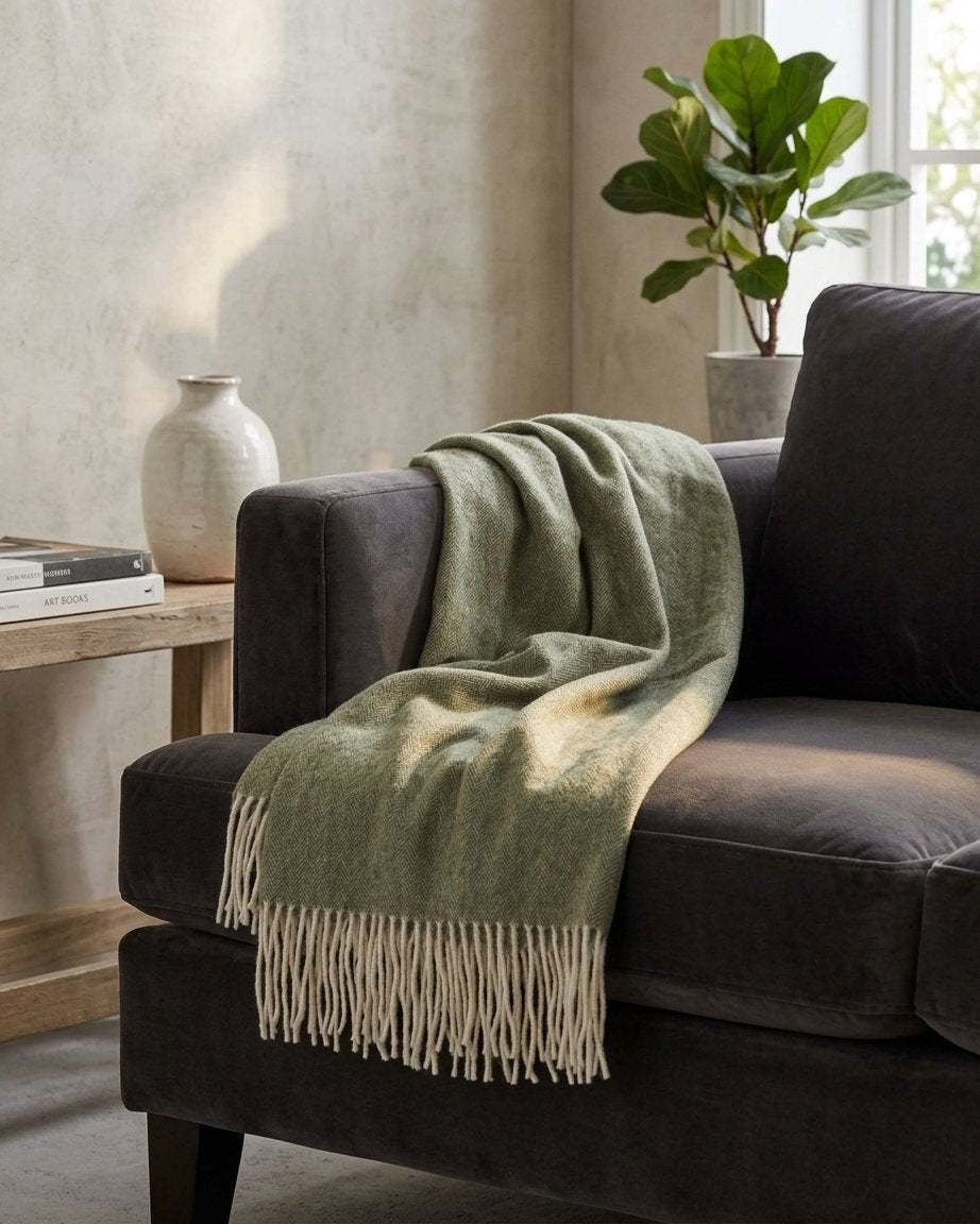 Pure Wool Herringbone Throw with Fringe – Olive