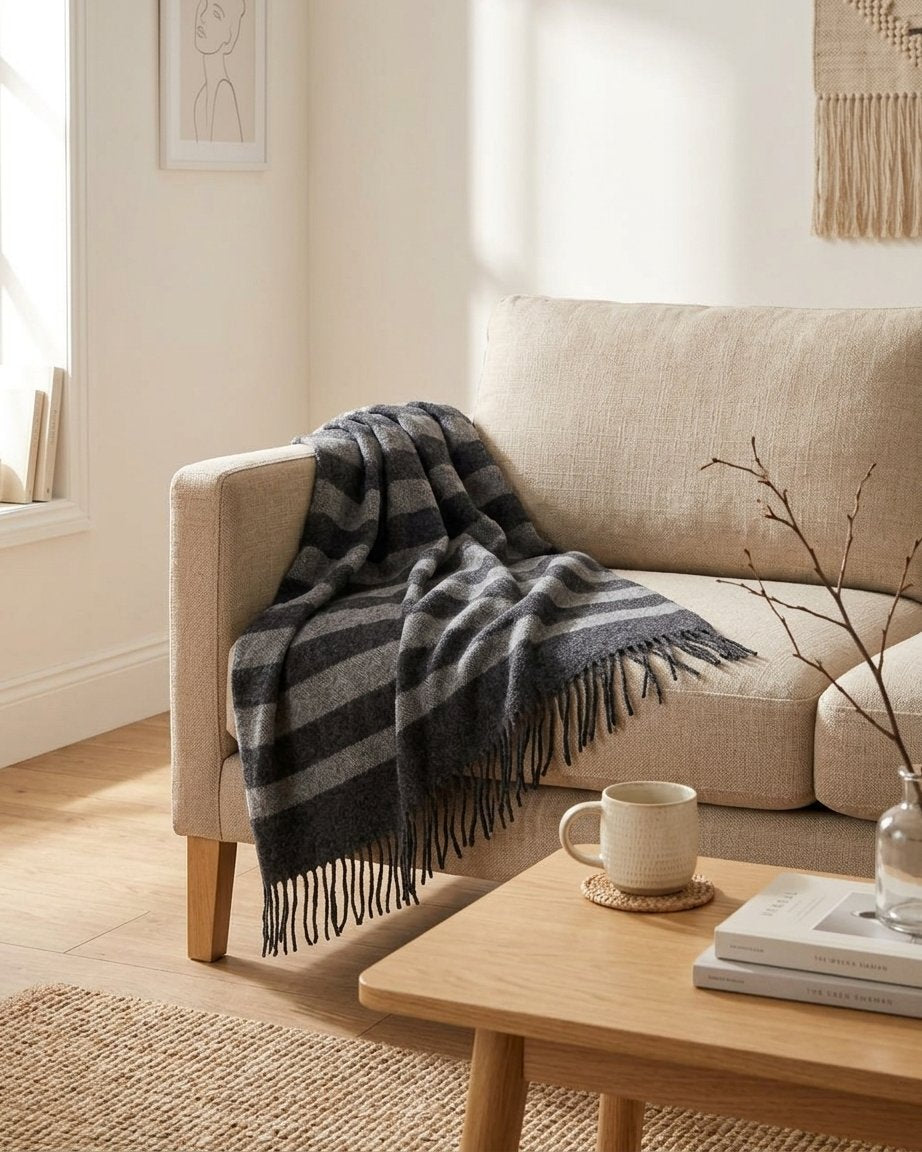 Pure Wool Throw Blanket in Dark Grey and Grey Stripe