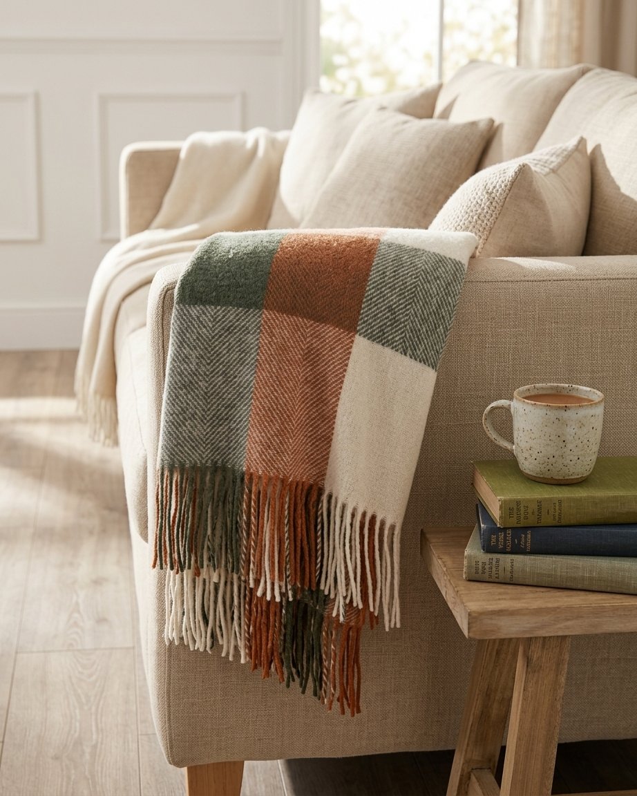 Pure Wool Throw Blanket with Herringbone Stripe