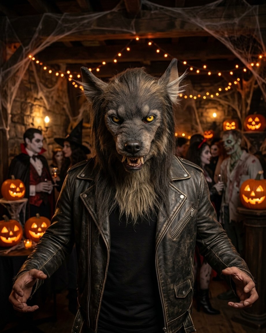 Realistic Full-Head Werewolf Mask with Faux Fur, Fangs and Yellow Eyes