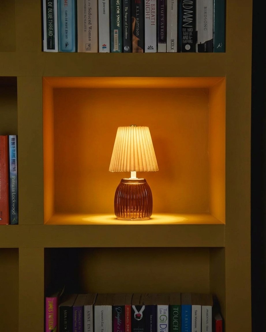 Rechargeable Amber Glass Table Lamp with Pleated Shade
