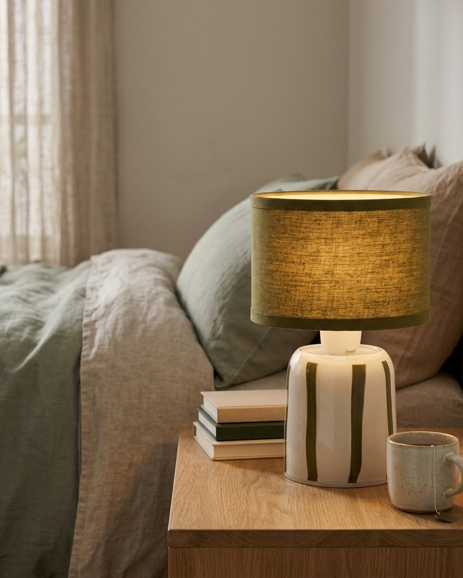Rechargeable Table Lamp, ceramic stripe base, fabric shade