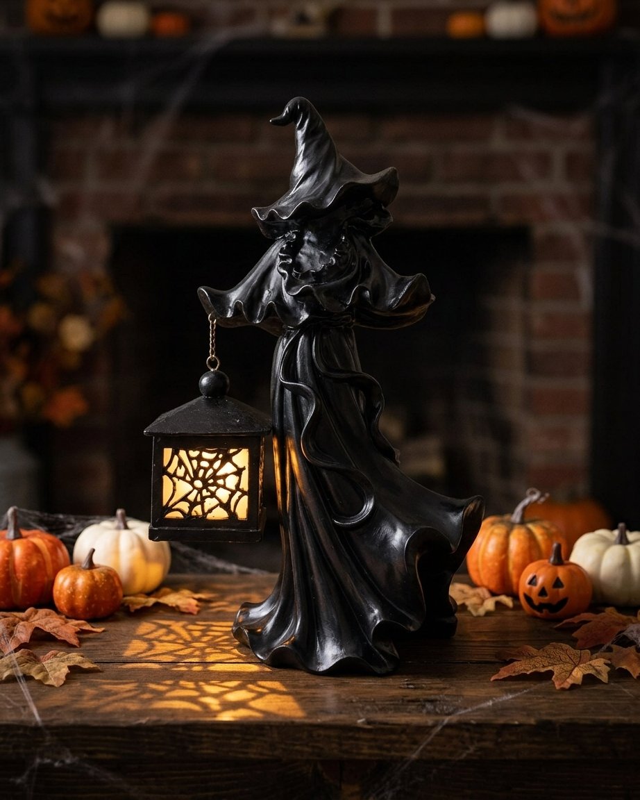 Resin Witch Figurine with Glowing Spider-Web Lantern – Halloween Tabletop Decoration