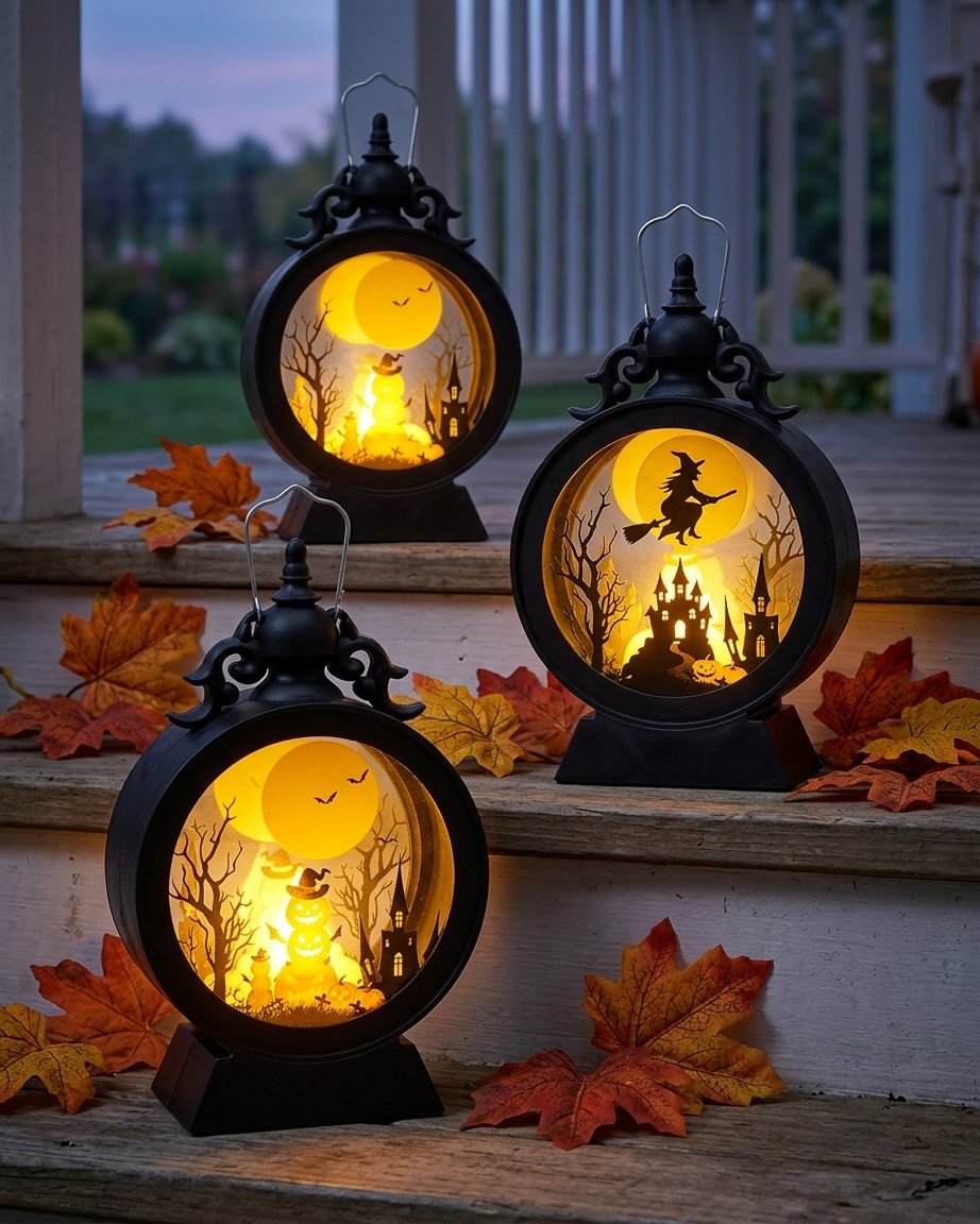 Retro Halloween Lantern with Warm LED Glow and Cut-Out Scene