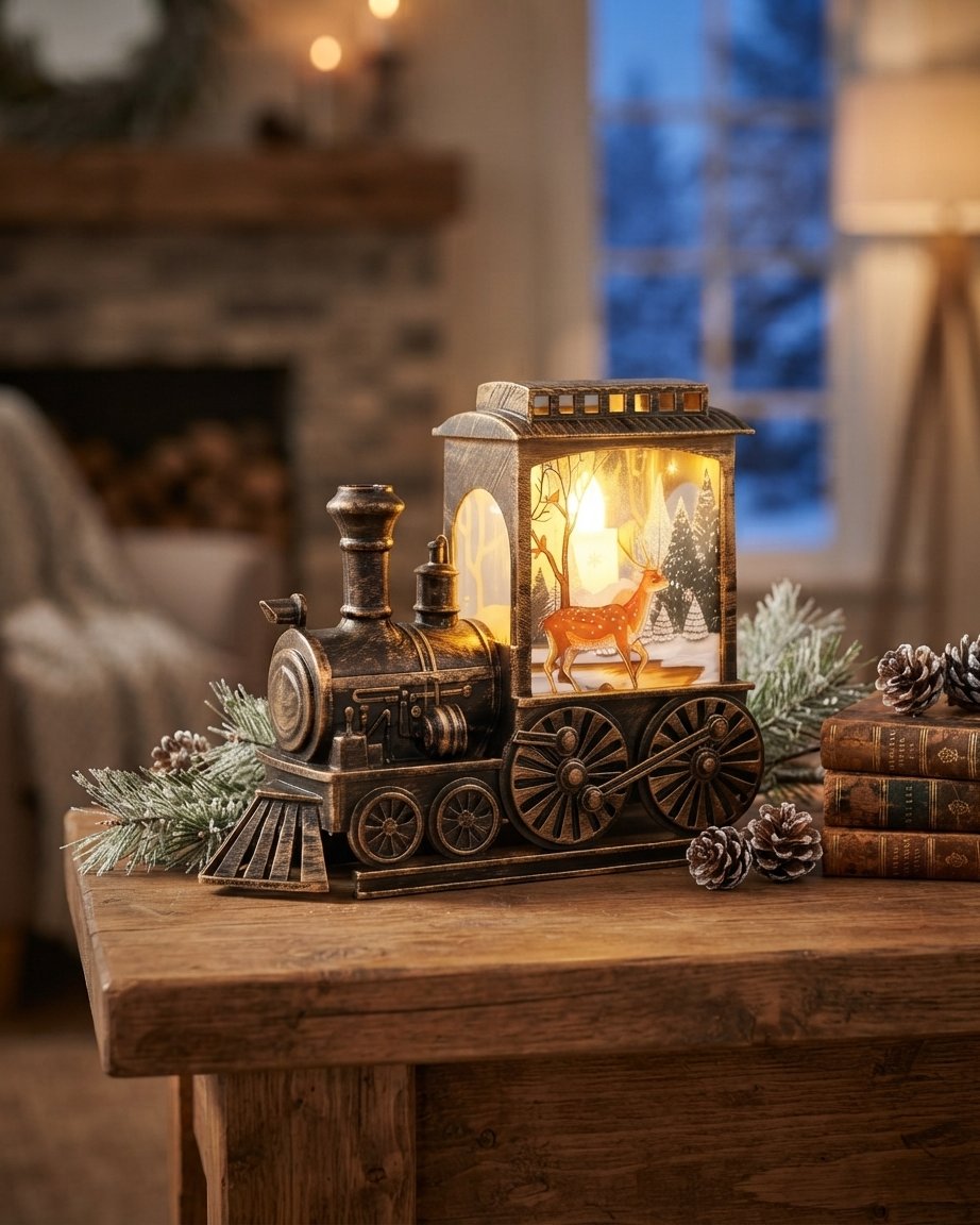 Retro Train LED Lantern with Warm White Winter Scene