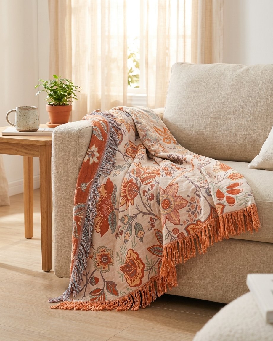 Reversible Botanical Throw Blanket, 4-Layer Cotton