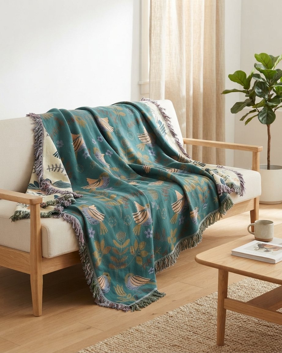 Reversible Cotton Muslin Throw Blanket with Bird Print