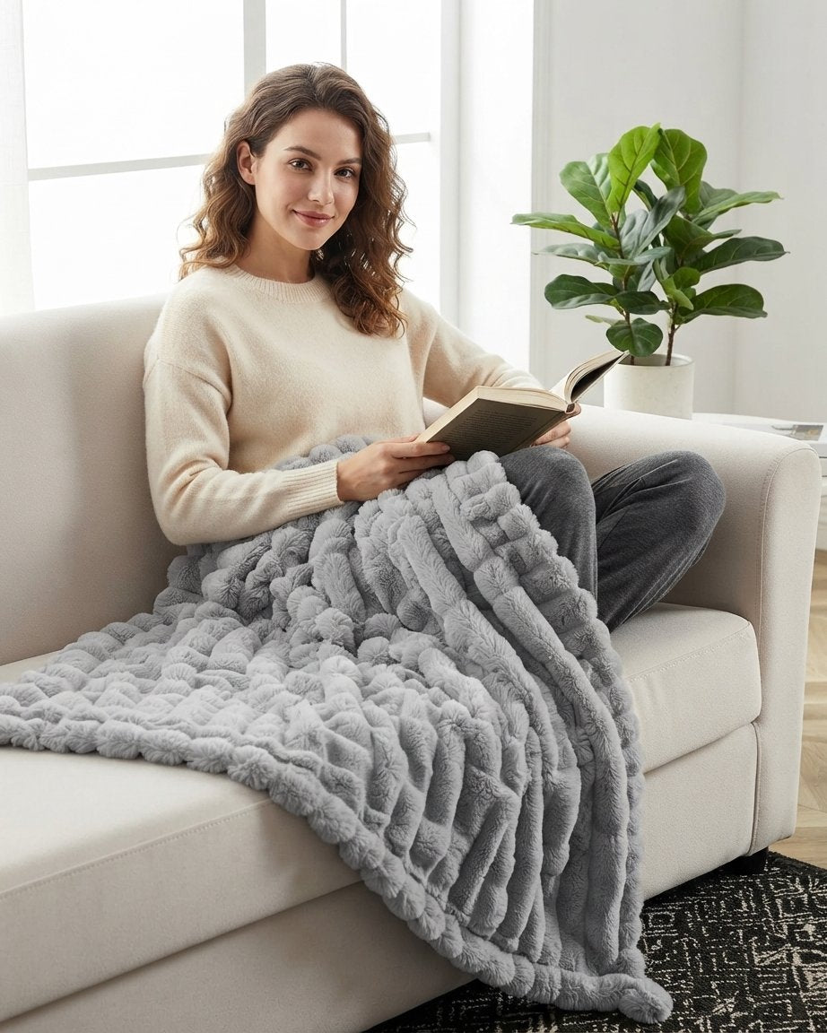 Ribbed Faux Fur Throw Blanket – Soft & Cosy