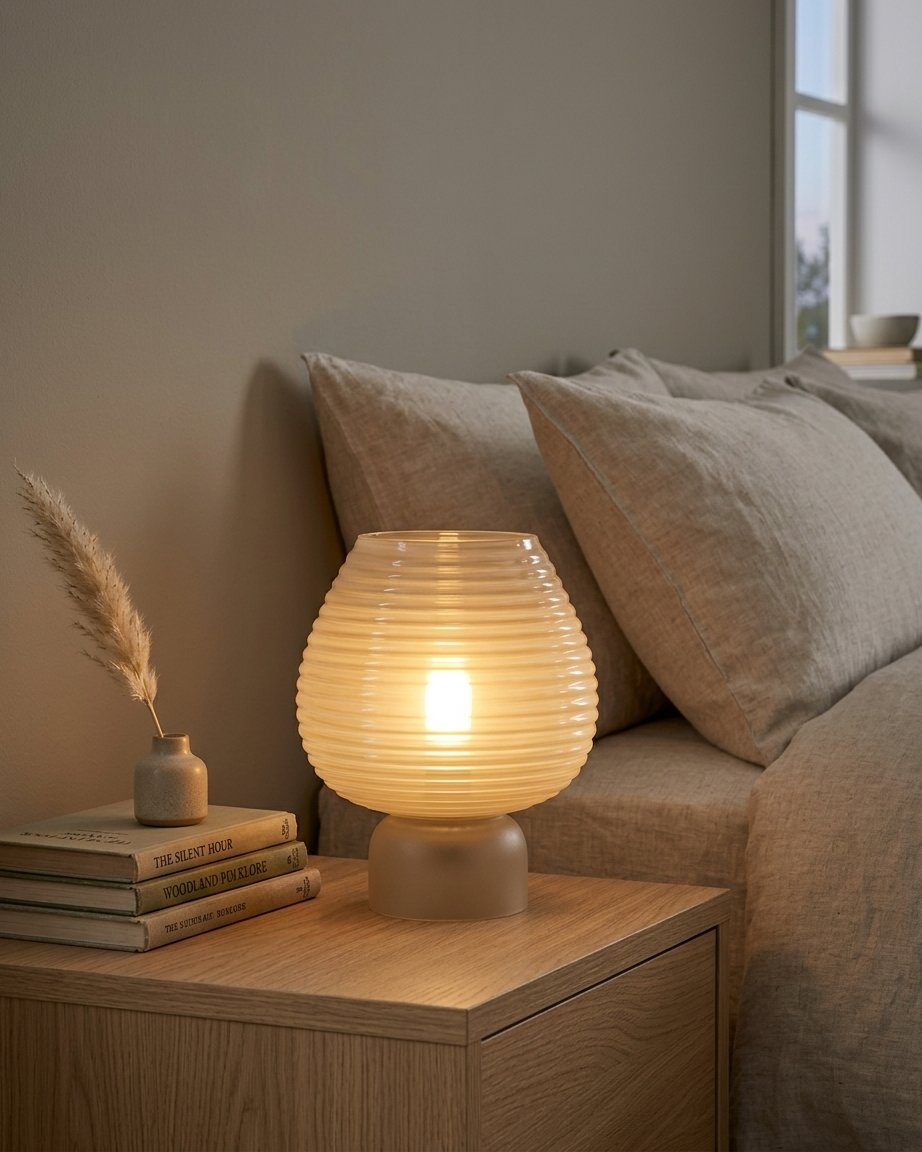 Ribbed Glass Table Lamp with LED, green grey, 27 cm
