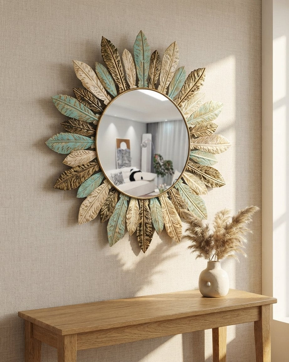 Round Leaf Sunburst Wall Mirror – Teal & Gold