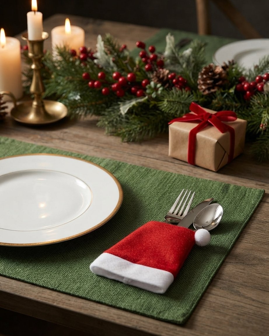 Santa Hat Cutlery Holders for Christmas Table, Set of 10