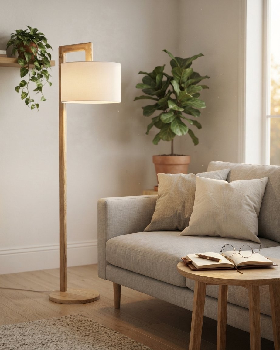 Scandinavian Wood Floor Lamp with Fabric Drum Shade