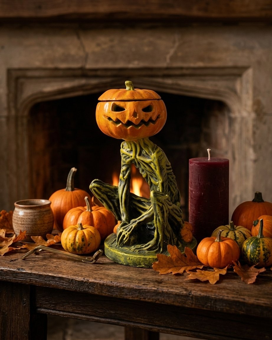 Seated Pumpkin Head Skeleton Statue – Halloween Resin Figurine in Orange and Green