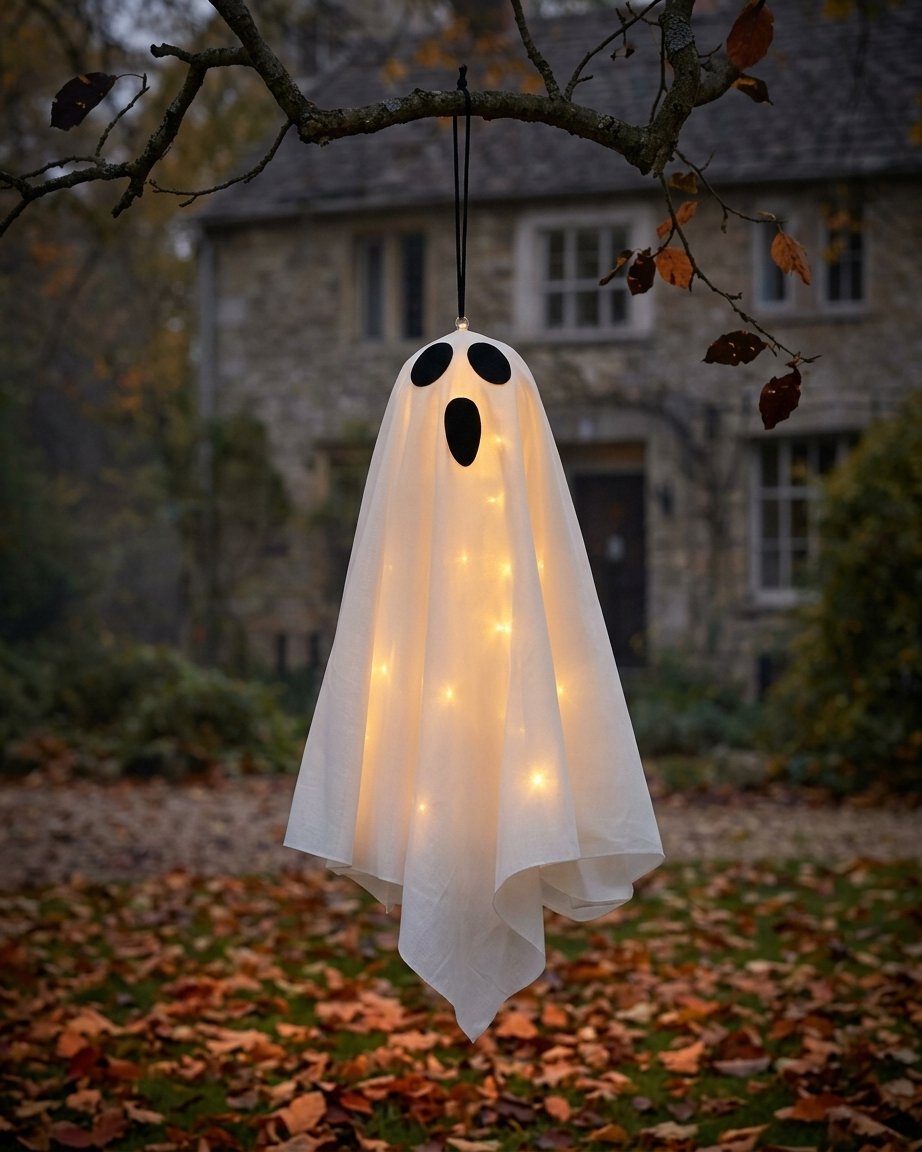 Set of 3 LED Hanging Ghost Halloween Decorations with Warm White Lights – Orange, White and Black