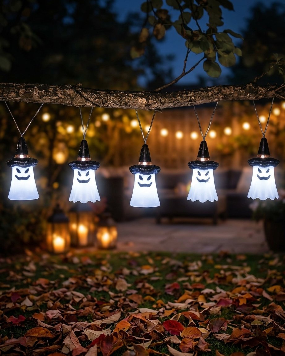 Set of 5 Acrylic Ghost String Lights with 40 White LEDs and Built-In Timer – Indoor and Outdoor Halloween Decoration