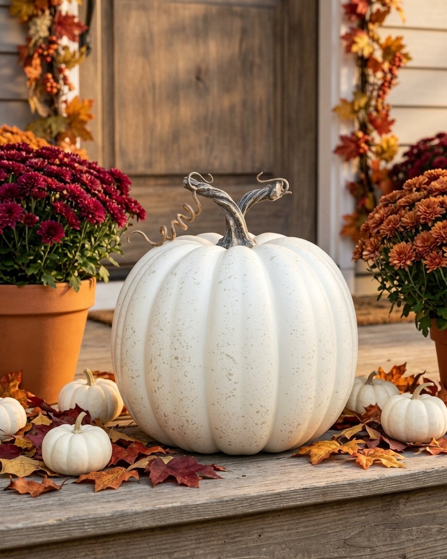 Set of 7 Artificial Foam Pumpkins with Ribbed Texture and Curved Stems – Autumn and Halloween Decoration