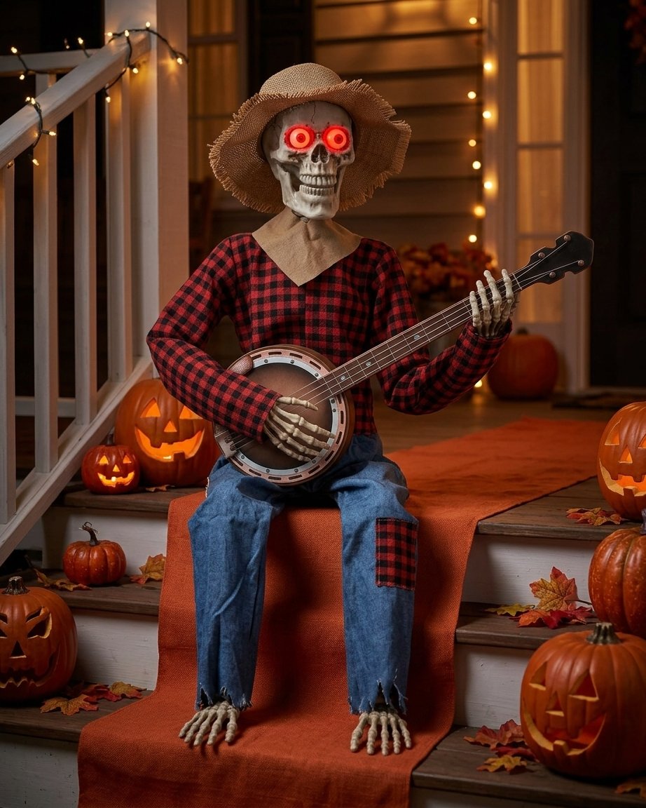 Sitting Banjo-Playing Skeleton Halloween Decoration with LED Glowing Eyes and Interactive Movement