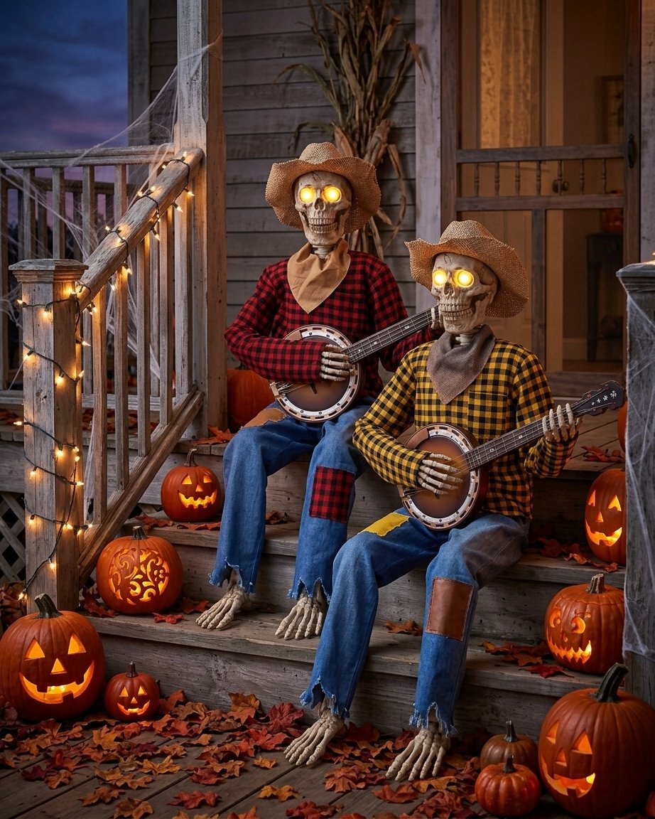 Sitting Skeleton Banjo Player with Glowing LED Eyes – Halloween Decoration