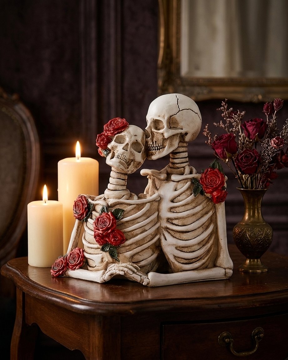 Skeleton Couple Sculpture with Rose Detail – Gothic Romance Figurine in Two Styles