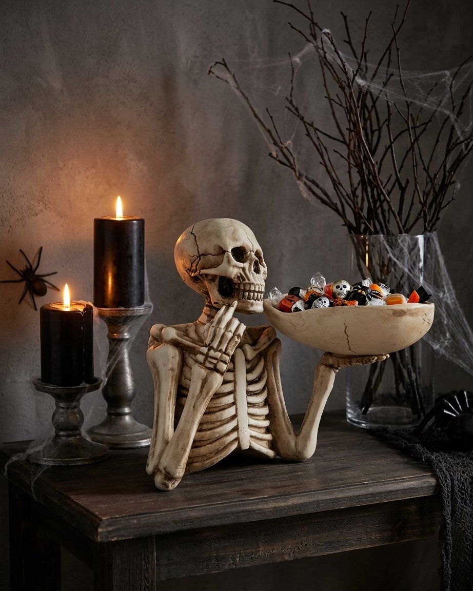 Skeleton Figurine Candy Bowl with Cracked Resin Dish – Halloween Decoration