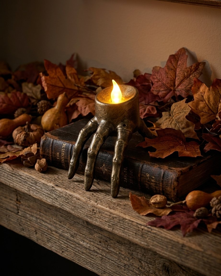 Skeleton Hand and Skull Flameless LED Tealight Candle Holder with Flickering Glow