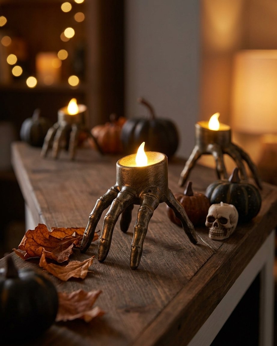 Skeleton Hand and Skull Flameless LED Tealight Candle Holder with Flickering Glow