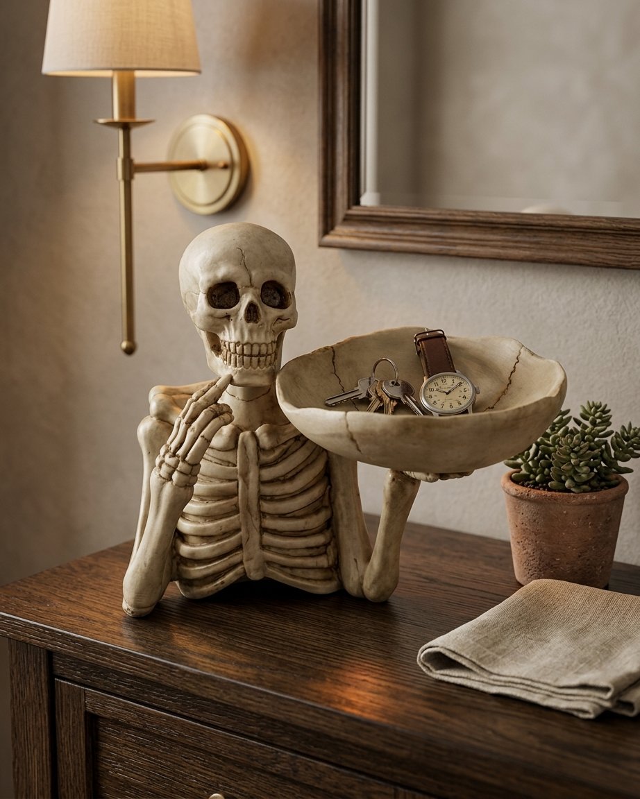 Skeleton Resin Decorative Tray with Bowl — Skull Tabletop Organiser for Keys, Jewellery and Small Accessories
